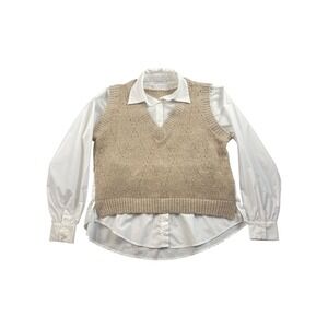 BOHOBLU‎ Women's Knit Sweater Vest with Collared White Shirt Layered Top M